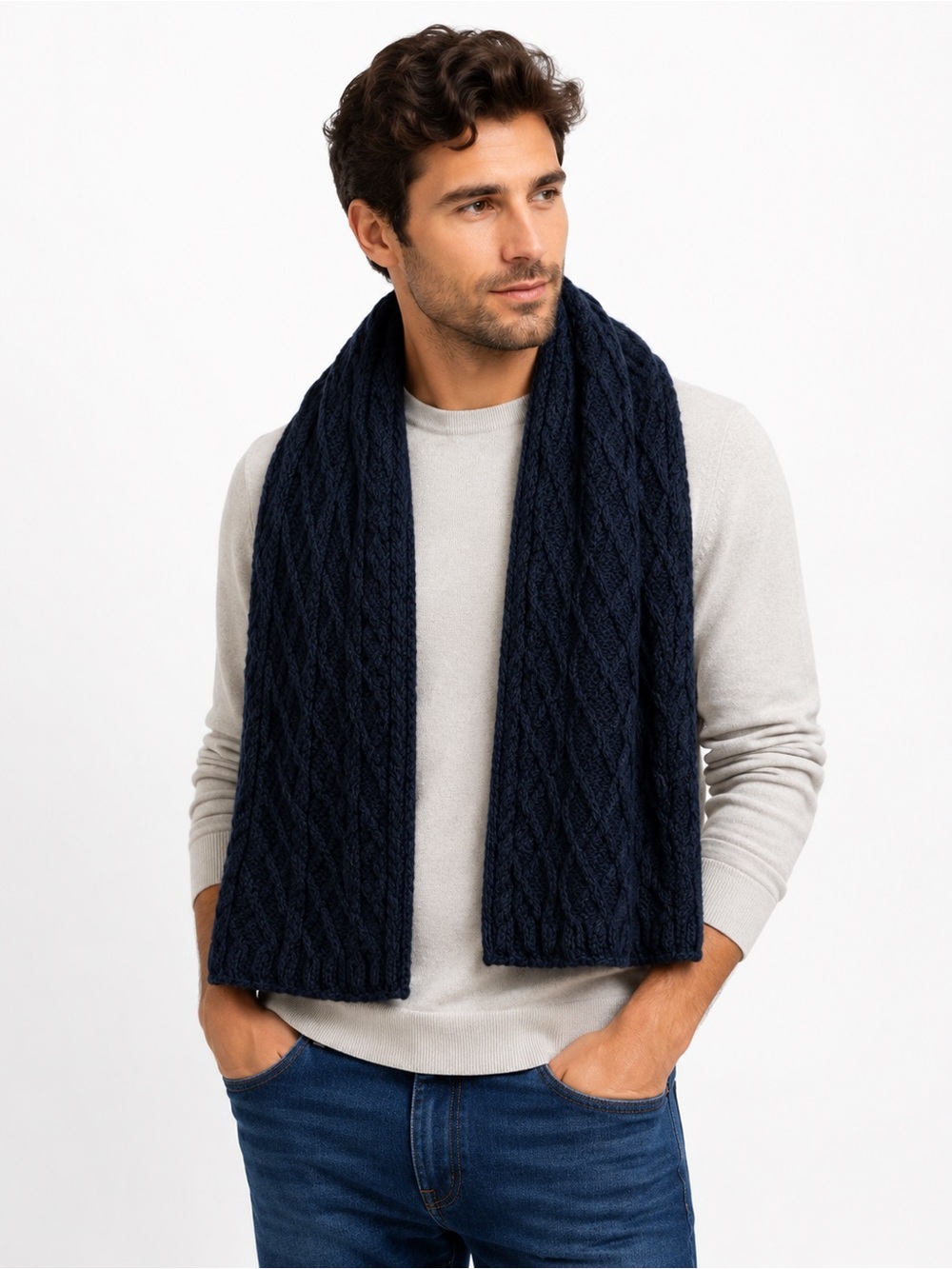 H&M Men’s Navy Cable Knit Scarf Long Chunky Winter 76” x 10”